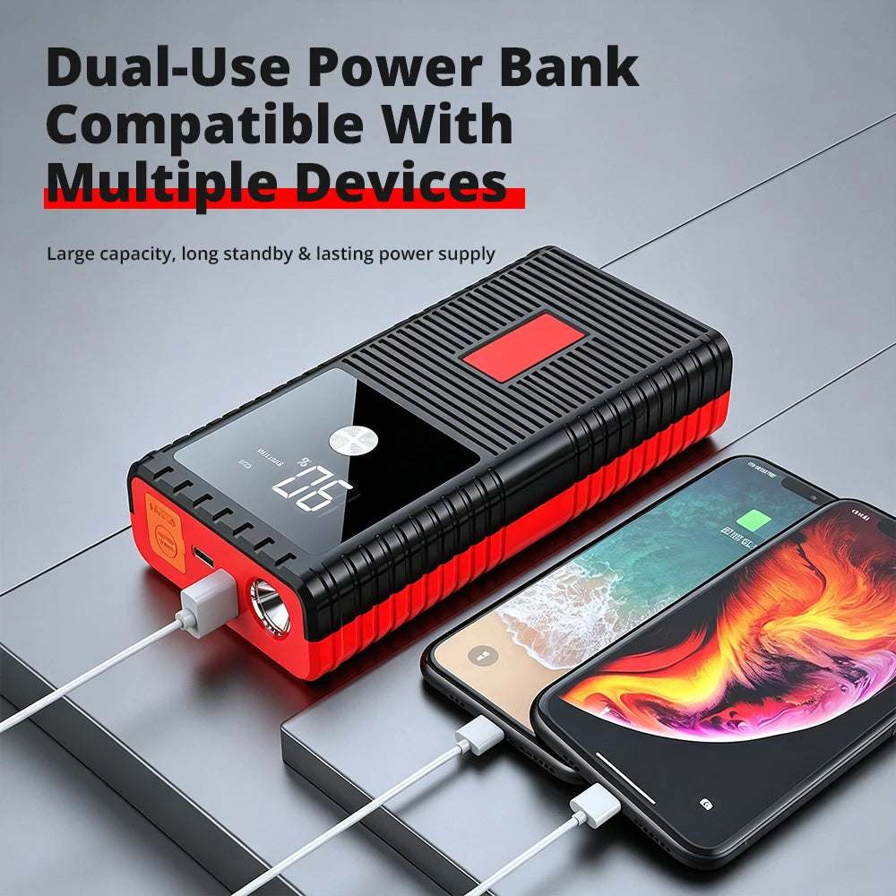 Car Jump Starter Power Bank in black and red ribbed casing with a digital display, charging two smartphones by USB