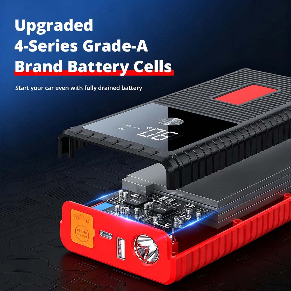 Car Jump Starter Power Bank in red and black with ribbed casing, digital display, USB ports, LED flashlight and exposed battery cells