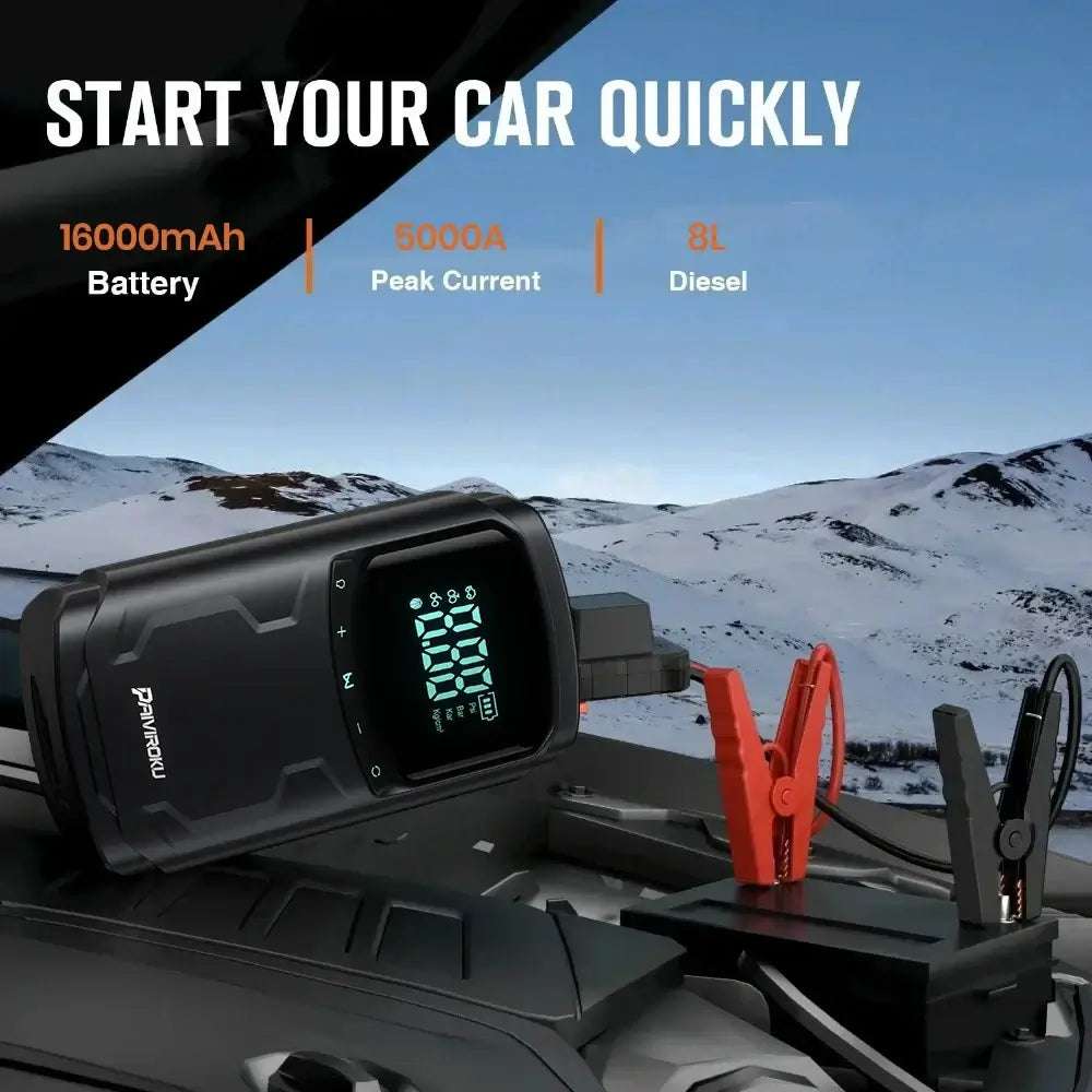 Car Jump Starter with Air Compressor, black portable battery booster with digital display and red and black clamp cables
