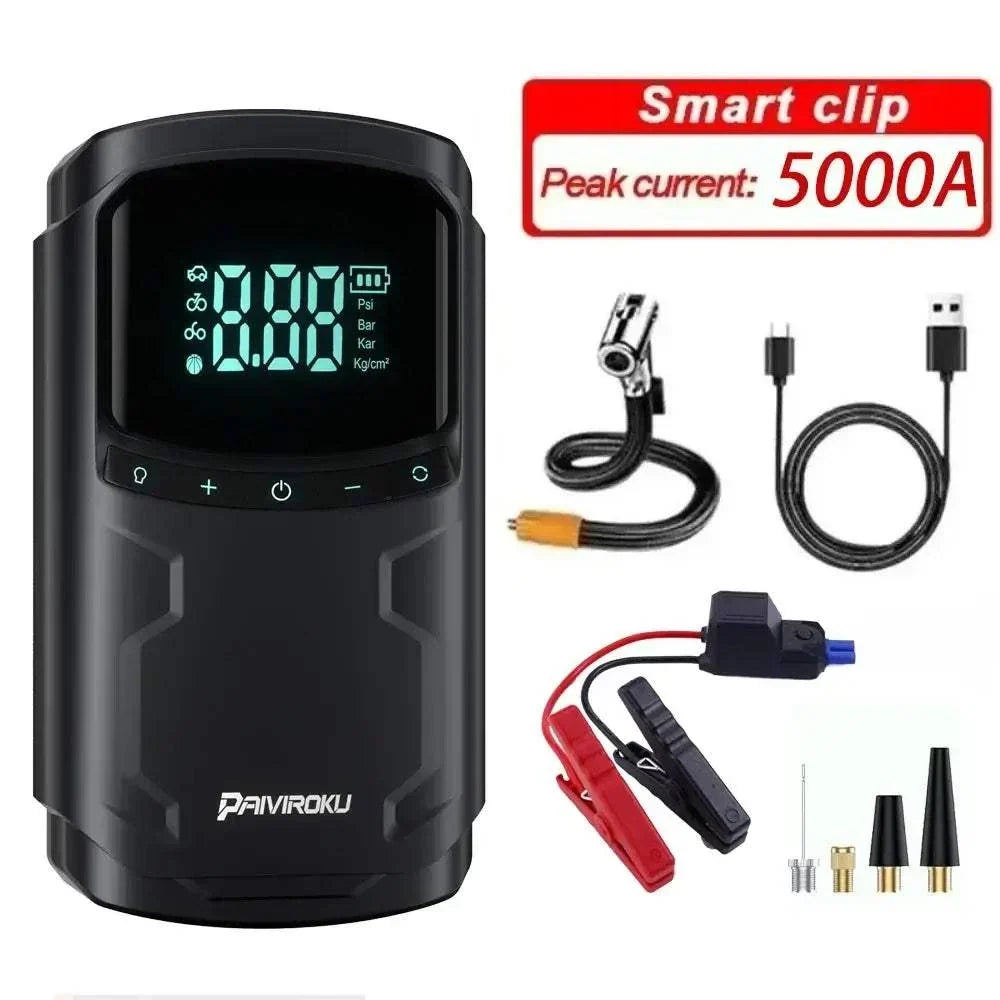 Car Jump Starter with Air Compressor, black portable unit with digital pressure display, jumper clamps and cables