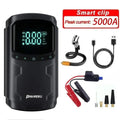 Car Jump Starter with Air Compressor, black portable unit with digital pressure display, jumper clamps and cables