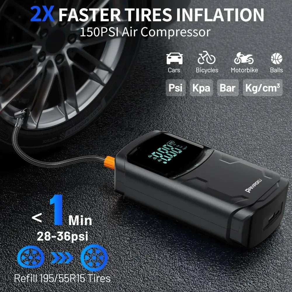 Car Jump Starter with Air Compressor, black portable unit with digital display and inflation hose connected to a car tire
