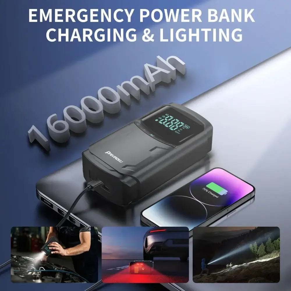 Car Jump Starter with Air Compressor in black plastic, featuring a digital display, USB charging ports, LED light and phone charging