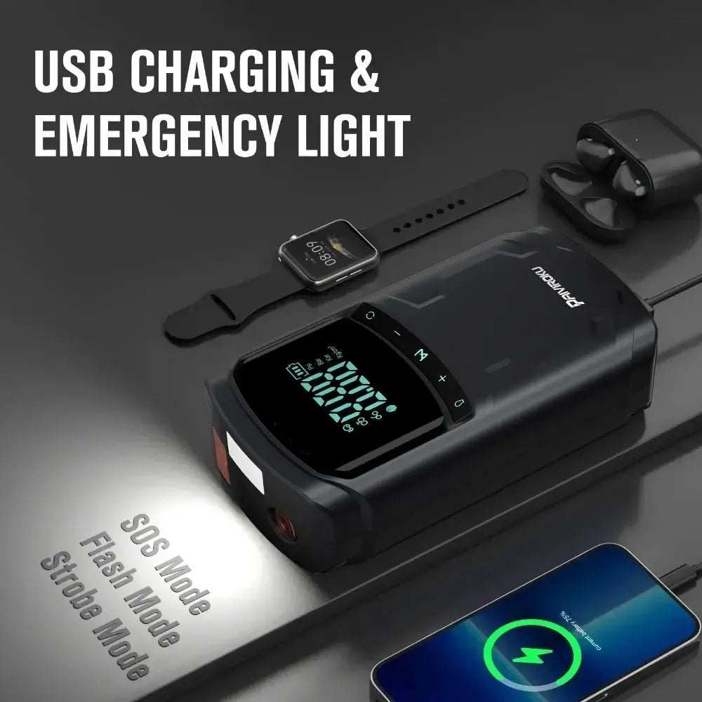 Car Jump Starter with Air Compressor in black, with a digital pressure display, USB charging, emergency light and wireless charging pad