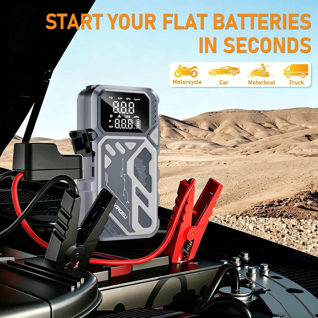 Car Jump Starter with Air Compressor in a gray rugged case, shown with a digital display and red and black clamps