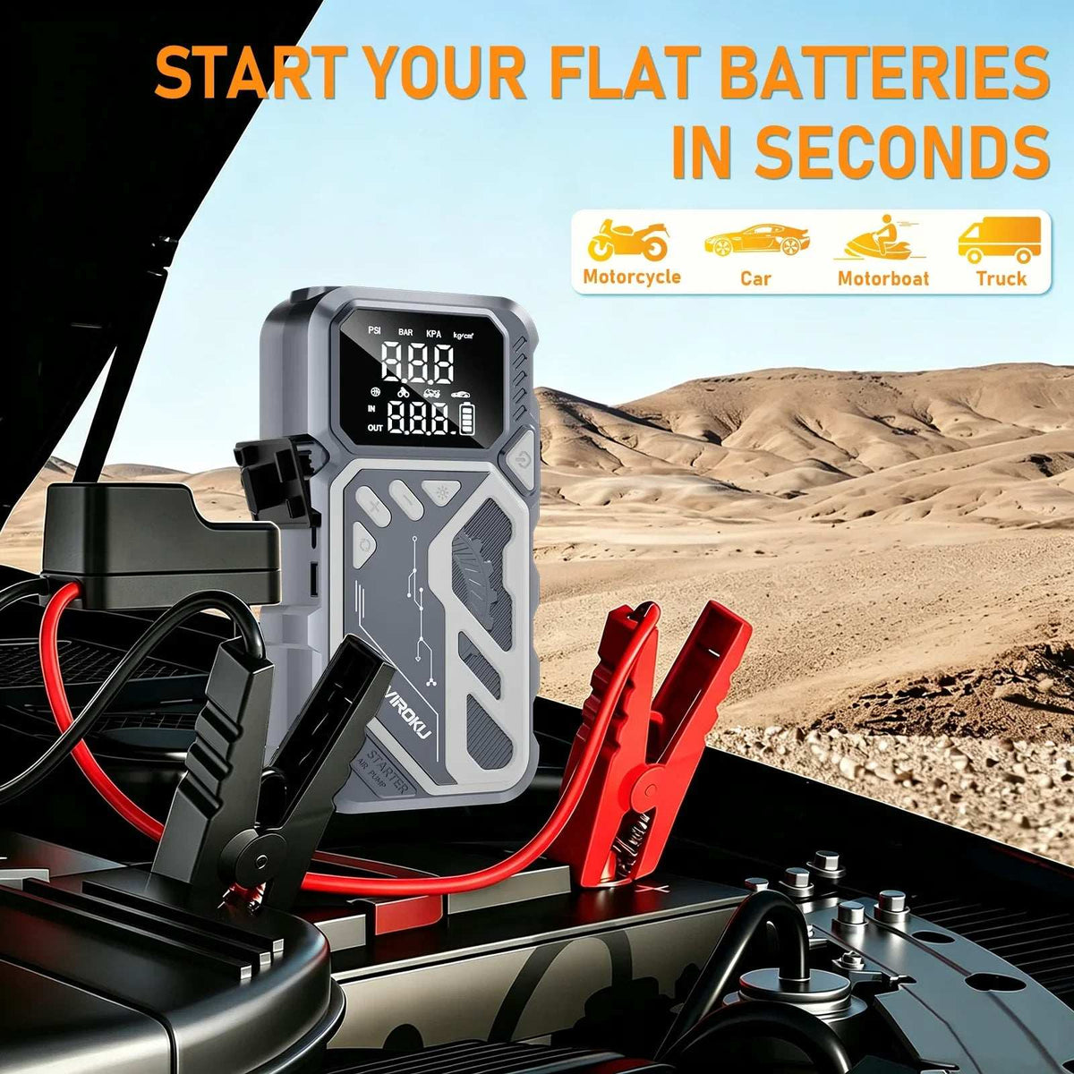Car Jump Starter with Air Compressor in a gray rugged case, shown with a digital display and red and black clamps