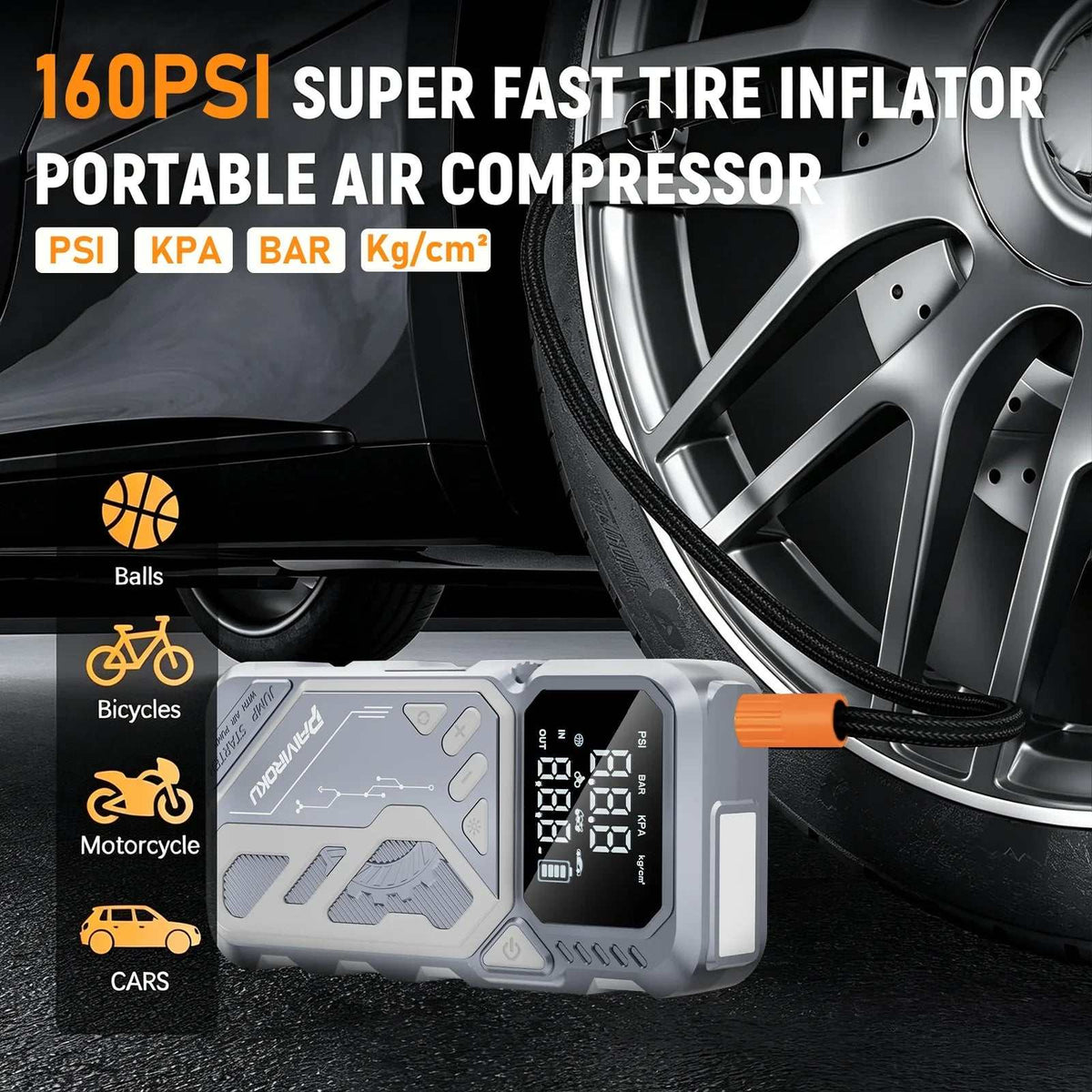 Car Jump Starter with Air Compressor in gray rugged housing, with a digital pressure display, hose and orange connector