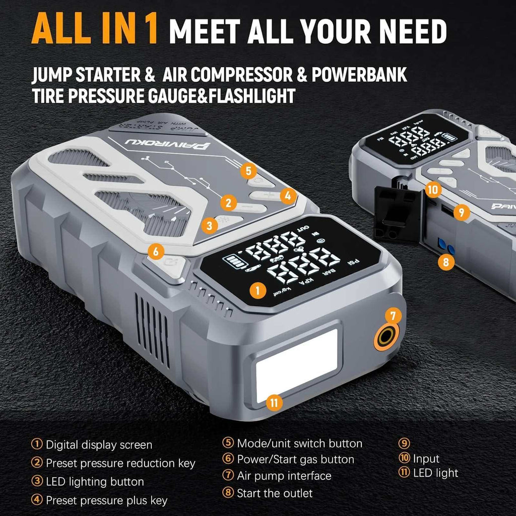 Car Jump Starter with Air Compressor in a gray rugged casing, with a digital display, control buttons, air pump port and LED light