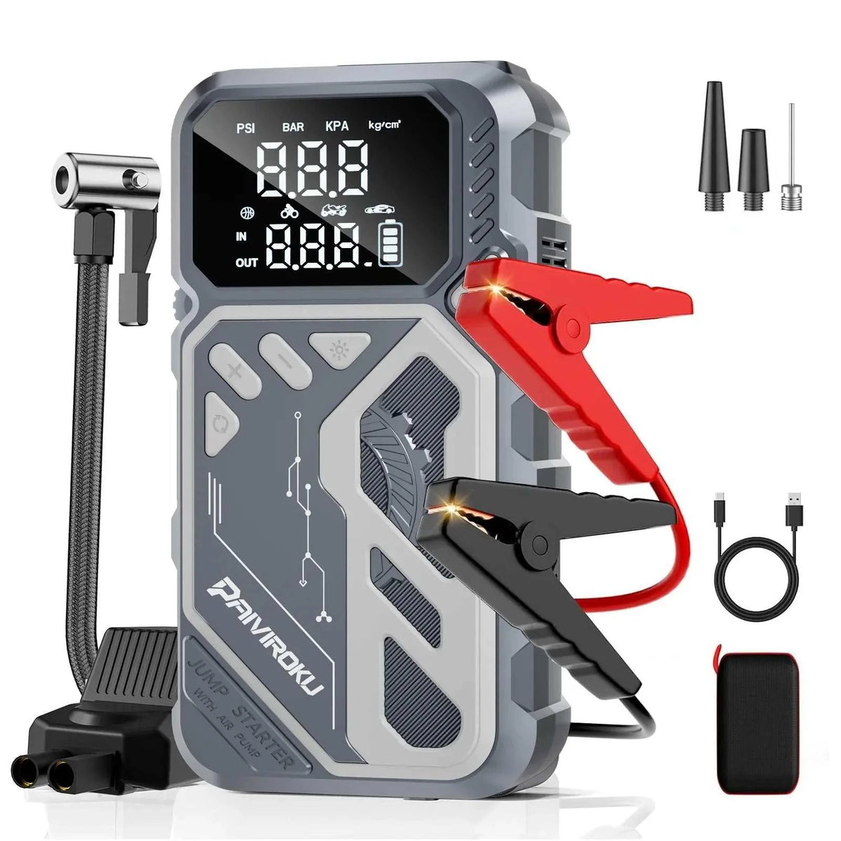 Car Jump Starter with Air Compressor in gray and black, featuring a digital display, red and black clamps, and inflation hose