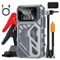 Car Jump Starter with Air Compressor, gray rugged power unit with digital pressure display, red and black clamps, hose