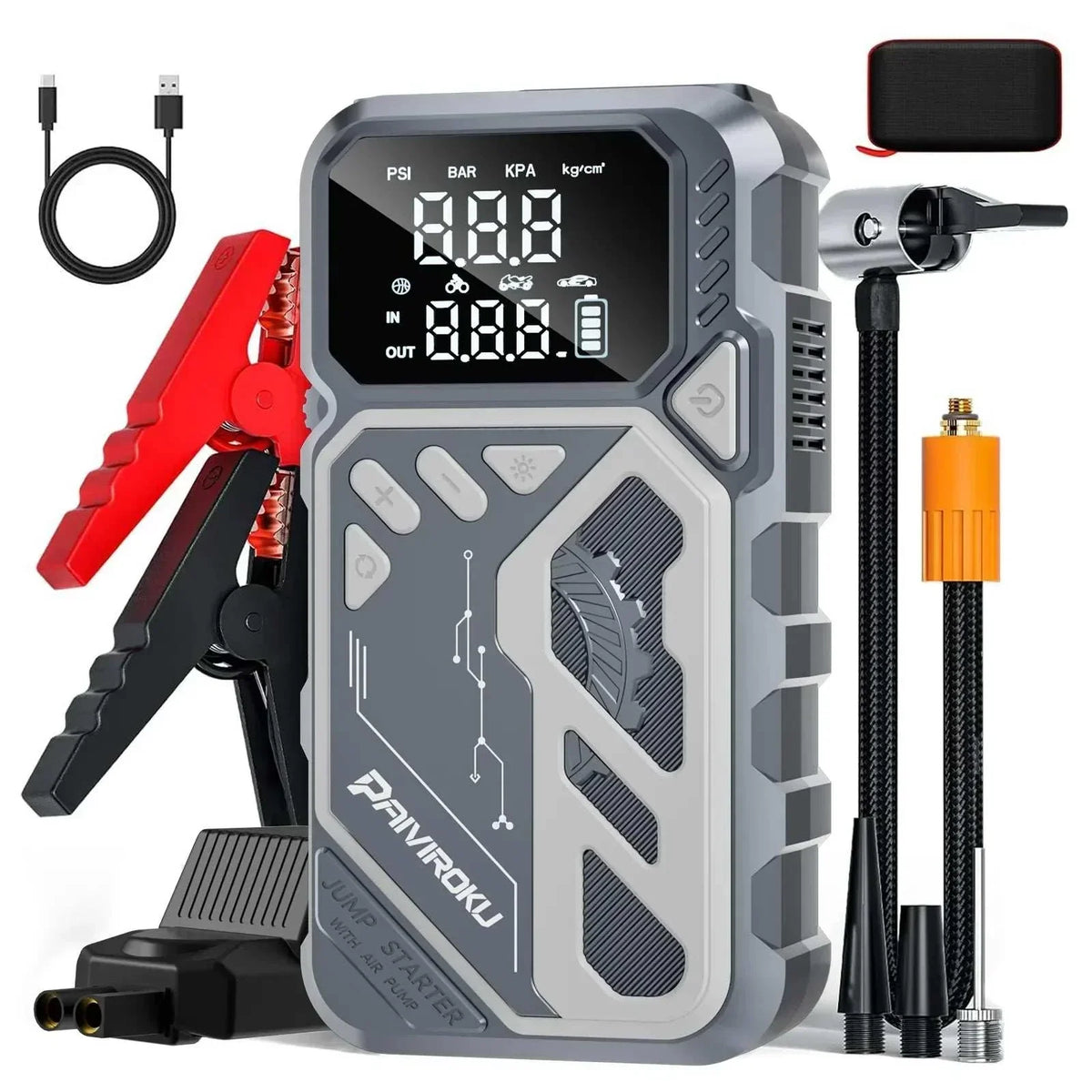 Car Jump Starter with Air Compressor, gray rugged power unit with digital pressure display, red and black clamps, hose