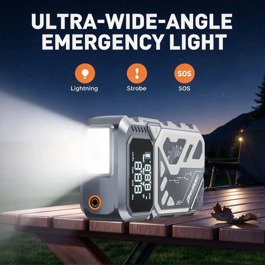 Car Jump Starter with Air Compressor in gray and black, with a digital display, wide emergency light and SOS controls