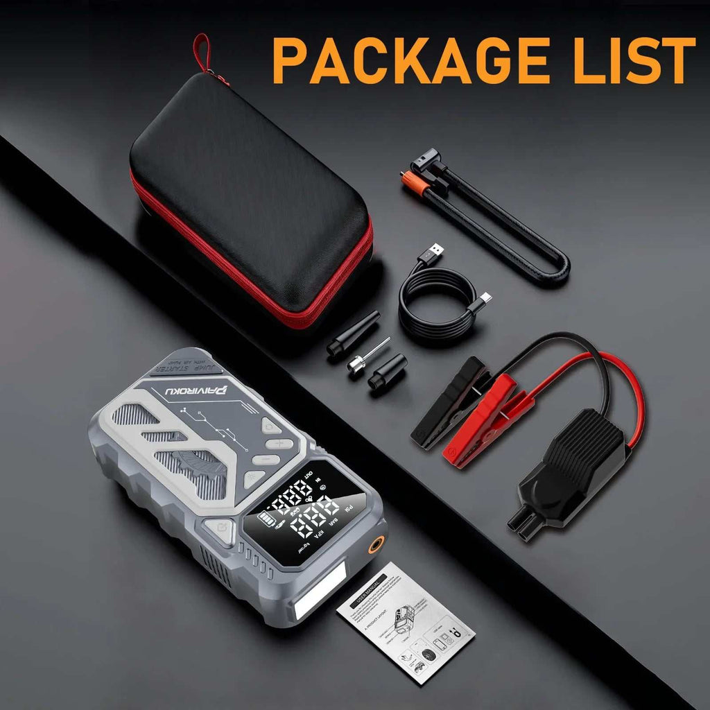 Car Jump Starter with Air Compressor in a silver and black rugged case, bundled with red and black clamps, cables and accessories