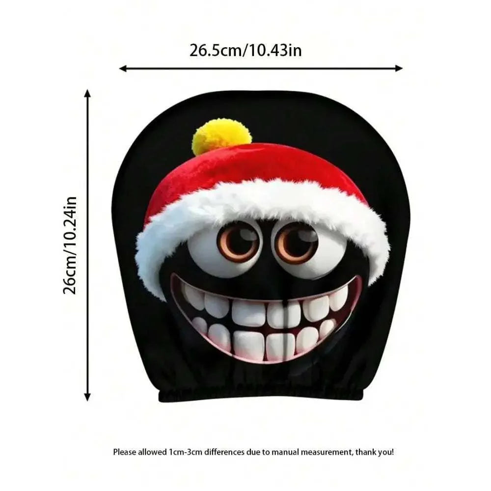 Car headrest cover in black polyester with a wide-eyed grinning face wearing a red Santa hat with white trim and yellow pom-pom; Christmas Santa Hat Grinning Cartoon