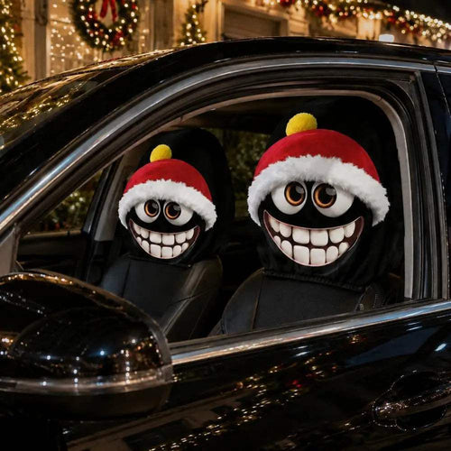 Car headrest covers in black with grinning cartoon faces, red Santa hats, fluffy white trim and yellow pom-poms; Christmas Santa Hat Grinning Cartoon
