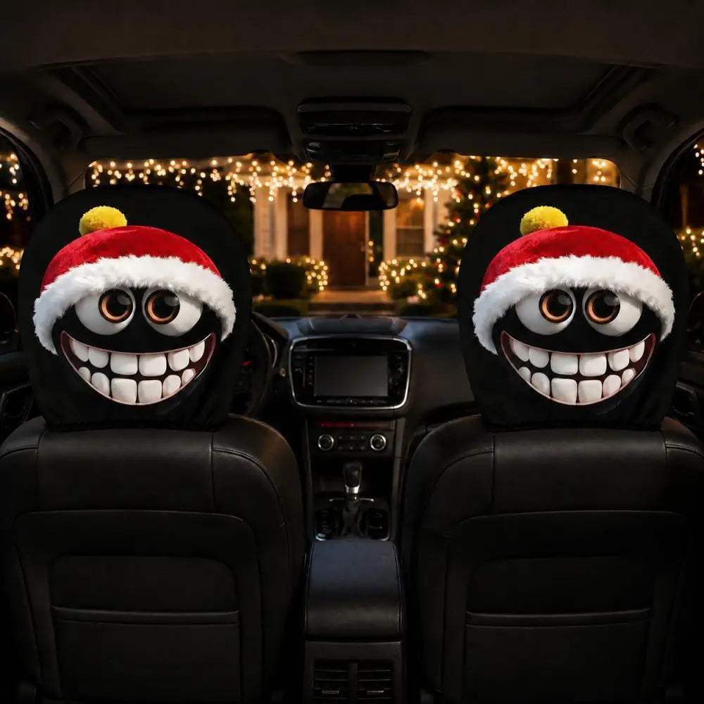 Car headrest covers in black polyester with a grinning cartoon face wearing a red Santa hat, shown as a matching pair; Christmas Santa Hat Grinning Cartoon
