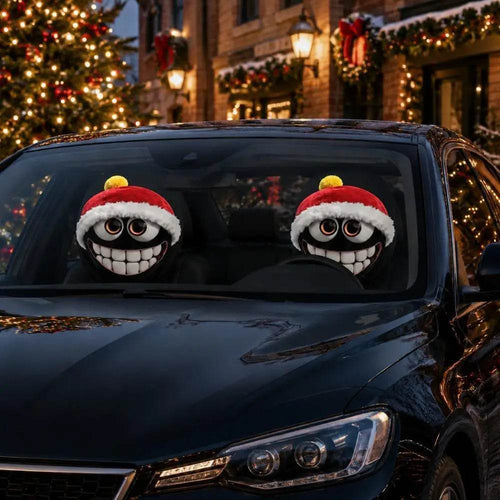 Christmas Santa Hat Grinning Cartoon car headrest covers in black, with bold white grins, round eyes and red hats