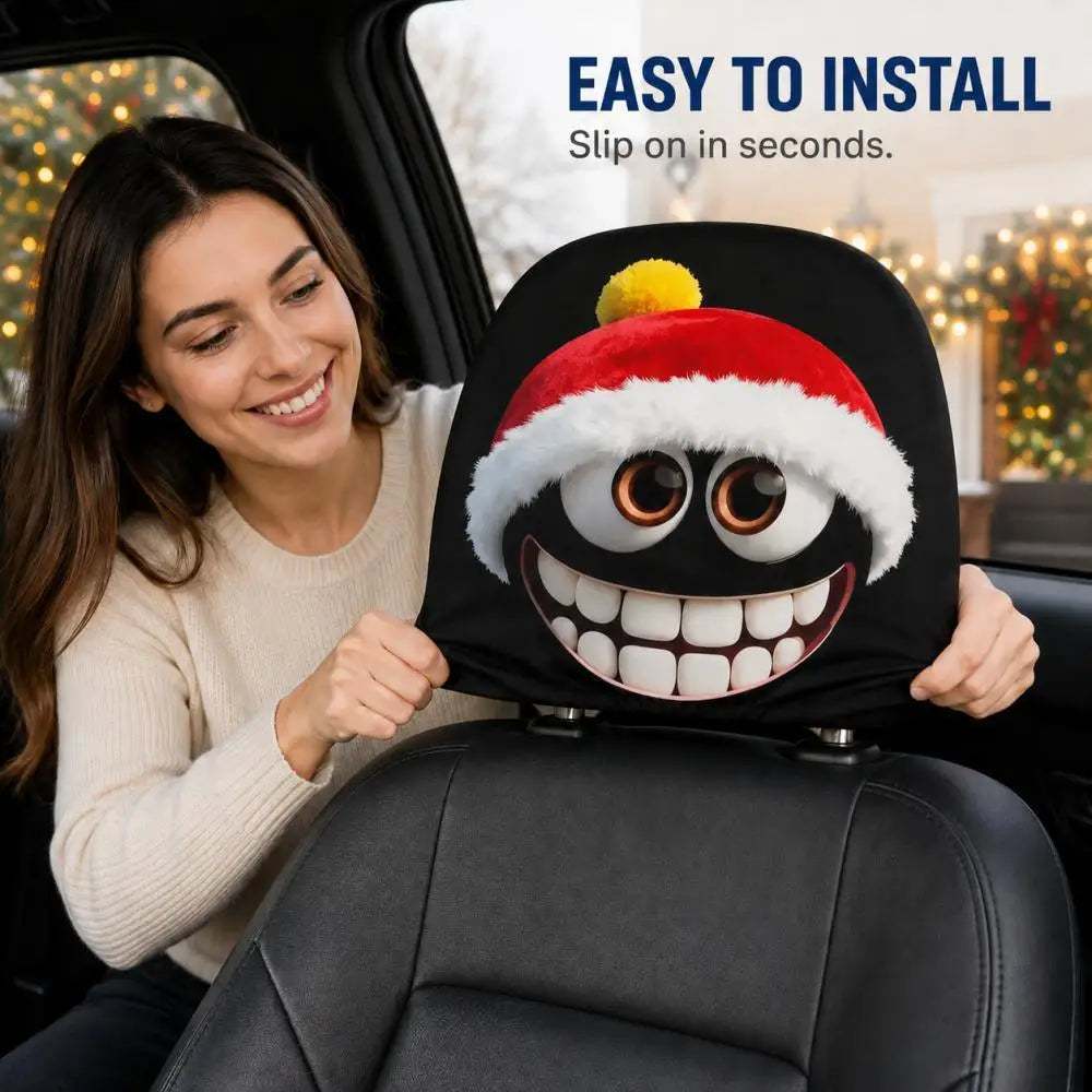 Car headrest cover featuring Christmas Santa Hat Grinning Cartoon print, black fabric with red hat, white trim and yellow pompom