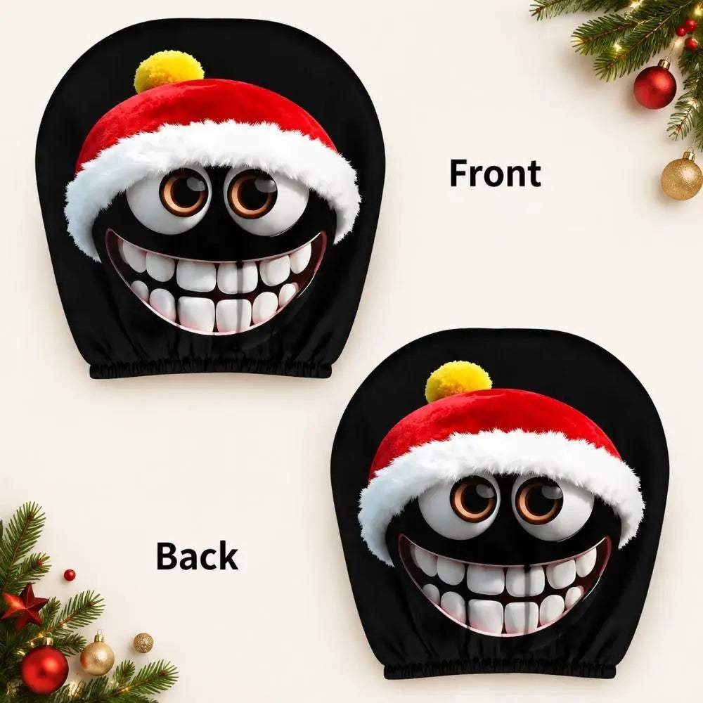 Car headrest cover with Christmas Santa Hat Grinning Cartoon print, black fabric featuring a red hat, white trim and broad toothy grin.