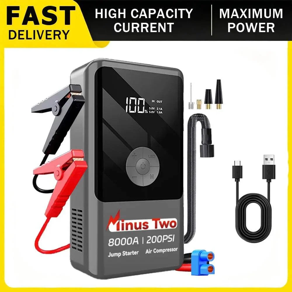 Digital Display Smart Jump Starter in black and gray ABS with digital readout, jumper clamps, air hose and USB cable