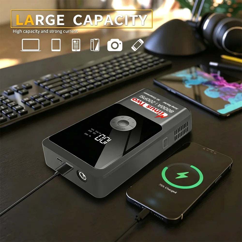 Digital Display Smart Jump Starter, black rectangular power bank with digital readout, round control dial and USB charging phone