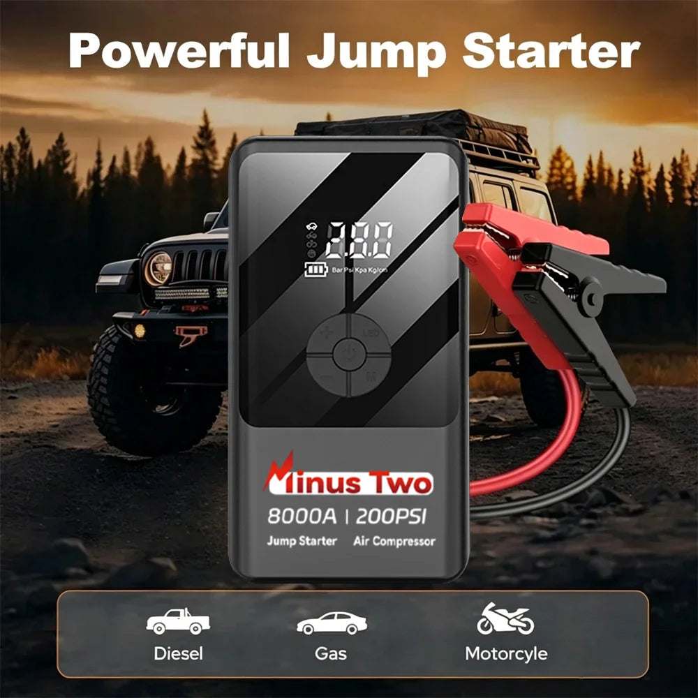 Digital Display Smart Jump Starter in black ABS with digital screen, circular controls and red and black battery clamps