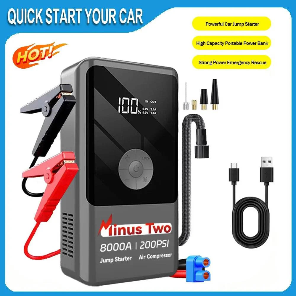 Digital Display Smart Jump Starter in black and gray ABS with digital screen, red and black clamps, air hose and cable