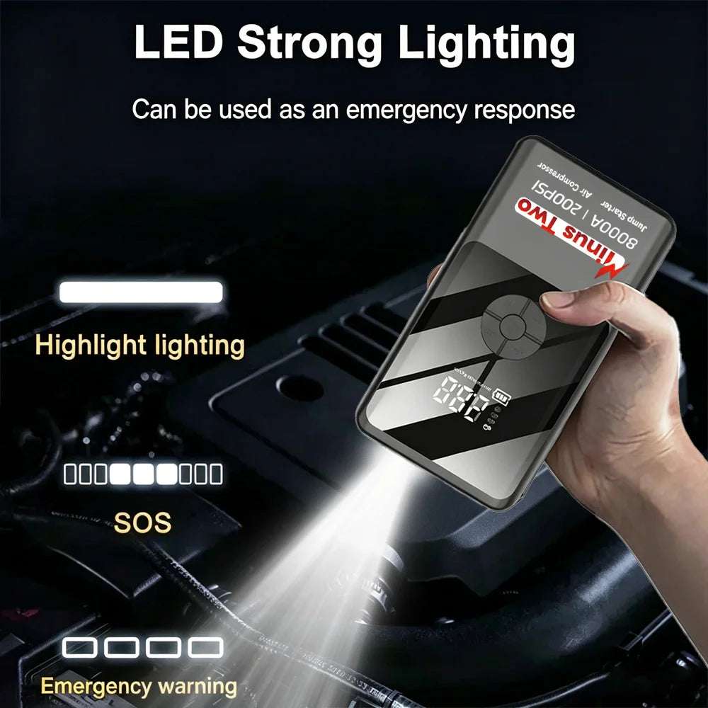 Digital Display Smart Jump Starter in black ABS with a digital screen and bright built-in LED flashlight for emergency lighting