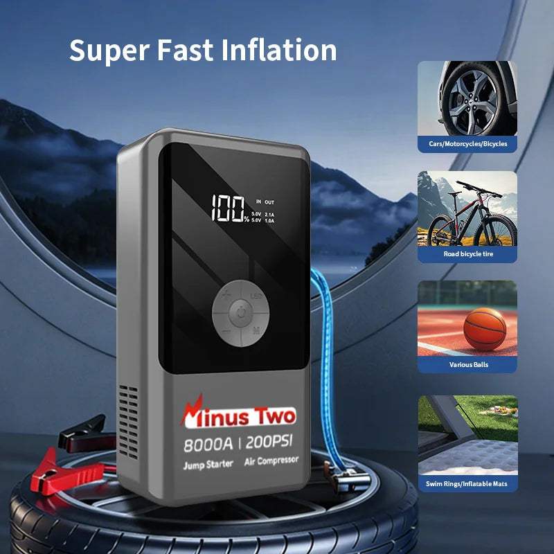 Digital Display Smart Jump Starter in black and silver ABS with digital screen, circular controls and built-in air compressor