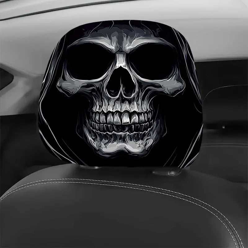 Fashion Portrait Print Car headrest cover in black and gray polyester, featuring a bold hooded skull illustration