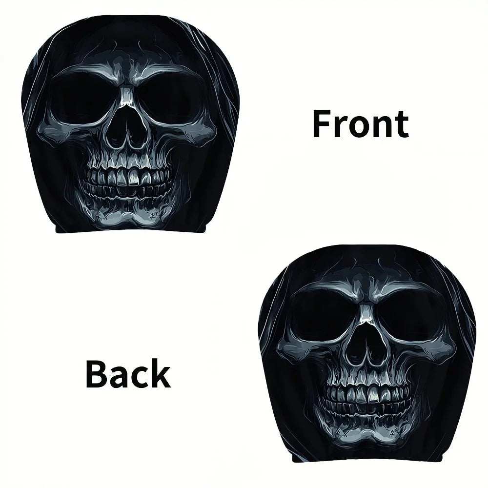 Car headrest cover in black polyester with a detailed white skull portrait print, shown on both sides; Fashion Portrait Print Car