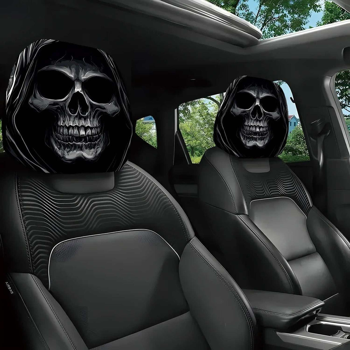 Fashion Portrait Print Car headrest covers in black with bold white skull artwork, shown fitted on dark seats