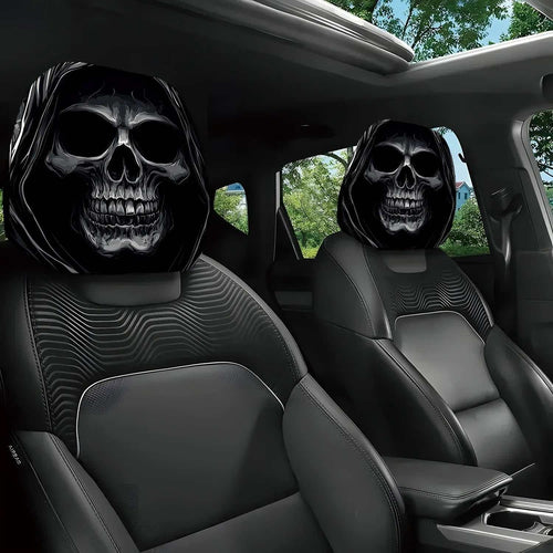 Fashion Portrait Print Car headrest covers in black with bold white skull artwork, shown fitted on dark seats