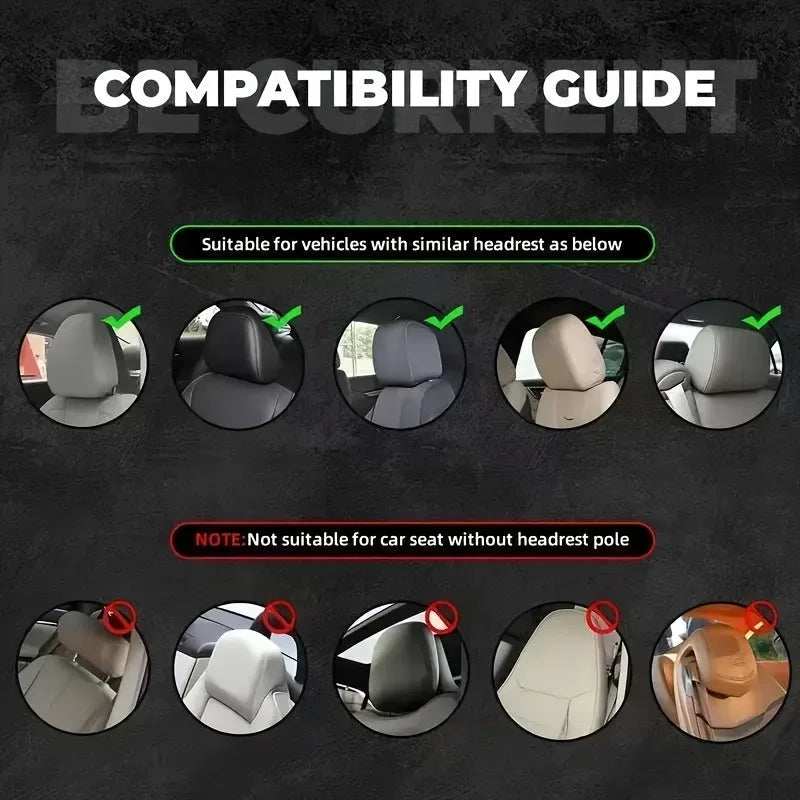 Fashion Portrait Print Car headrest cover compatibility guide showing suitable headrest shapes and unsuitable seats without headrest poles