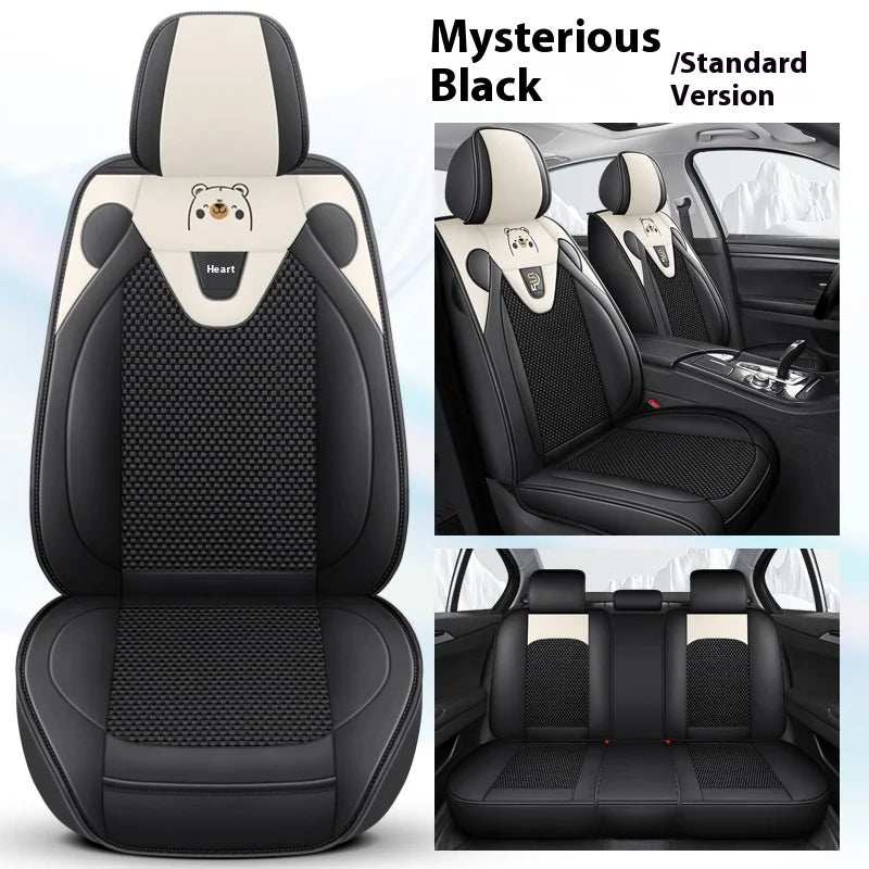 Five-Seat Car Seat Covers in black artificial leather with mesh panels, cream accents, and a small bear graphic
