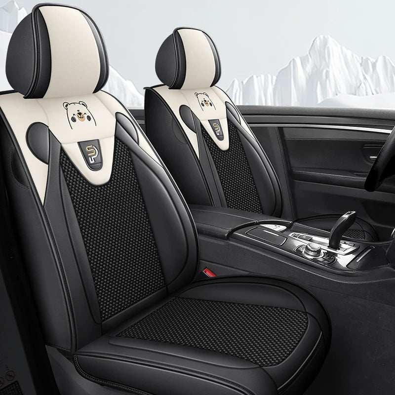 Five-Seat Car Seat Covers in black and cream artificial leather, with textured black panels and small cartoon bear motifs