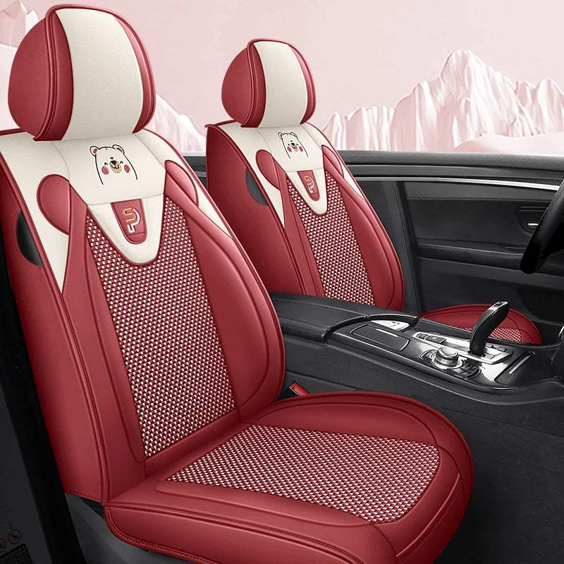 Five-Seat Car Seat Covers in burgundy and cream faux leather, with patterned mesh panels and small cartoon bear accents