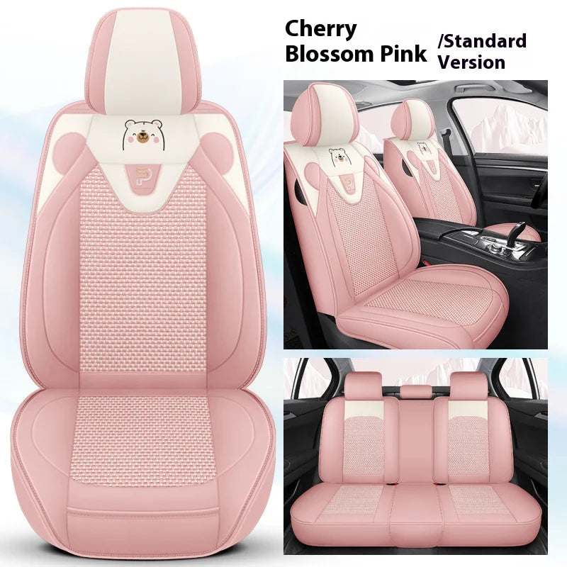 Five-Seat Car Seat Covers in cherry blossom pink artificial leather with textured center panels and a cute bear motif
