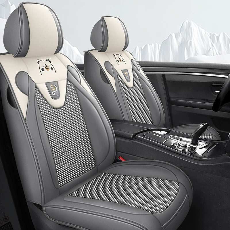 Five-Seat Car Seat Covers in gray and cream artificial leather, with patterned mesh panels and small bear embroidery