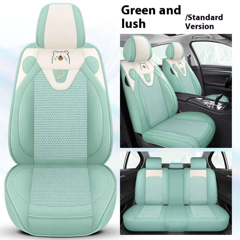 Five-Seat Car Seat Covers in mint green and cream artificial leather with textured panels and a small cartoon bear accent