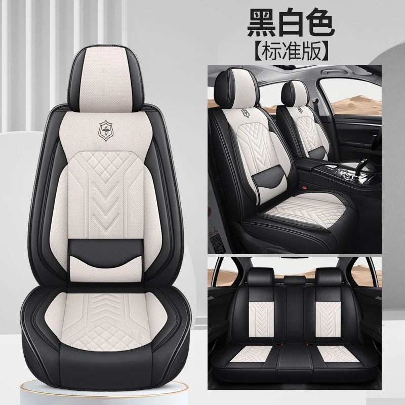 Five-Seat Universal Car Seat Covers in black and ivory artificial leather with chevron quilting and padded lumbar panels