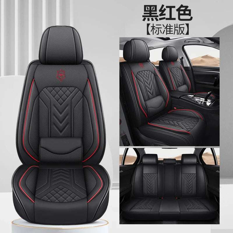 Five-Seat Universal Car Seat Covers in black artificial leather with red piping, quilted chevron panels and built-in lumbar cushion