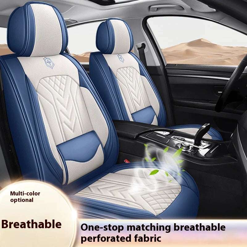Five-Seat Universal Car Seat Covers in navy blue and cream artificial leather, with quilted panels and perforated fabric
