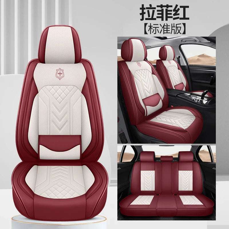 Five-Seat Universal Car Seat Covers in burgundy and ivory artificial leather, with quilted panels and lumbar support