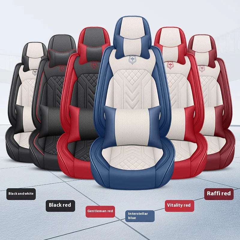 Five-Seat Universal Car Seat Covers in assorted colors with faux leather, quilted panels, contrast piping and lumbar cushions