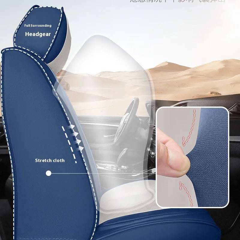 Five-Seat Universal Car Seat Covers shown as a navy blue seat cover with white contrast stitching, stretch cloth panels and a full-surround headrest