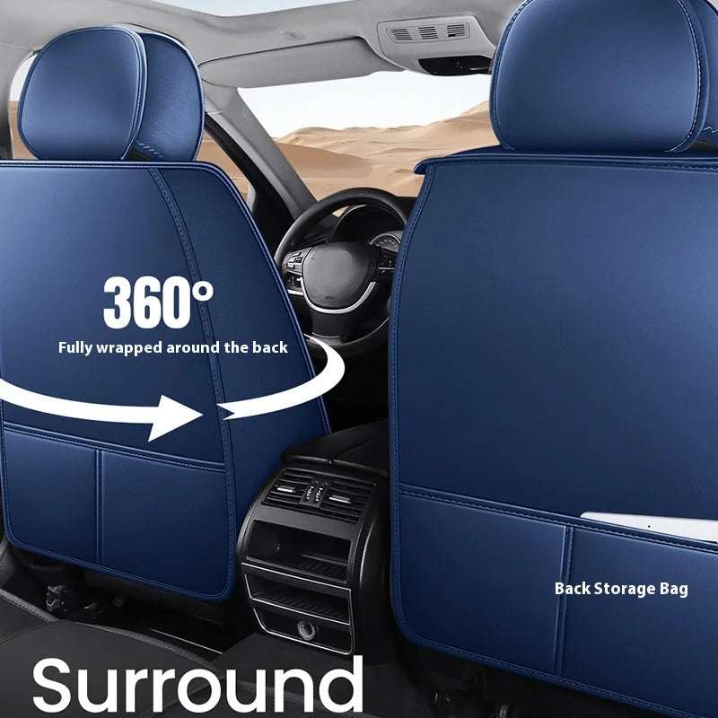 Five-Seat Universal Car Seat Covers in navy blue artificial leather, with stitched panels and rear storage pockets wrapping seat backs