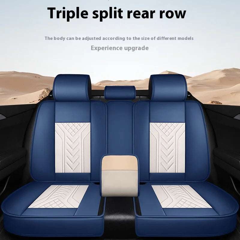 Five-Seat Universal Car Seat Covers in navy artificial leather with white quilted panels, split rear seats and center armrest