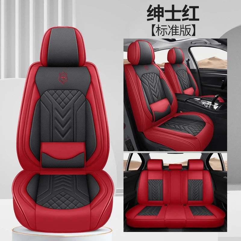 Five-Seat Universal Car Seat Covers in red and black artificial leather, with quilted panels and padded lumbar support