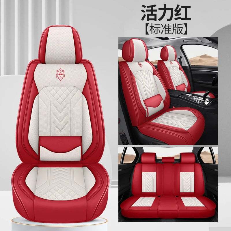 Five-Seat Universal Car Seat Covers in red and ivory artificial leather, with quilted panels, sculpted bolsters and lumbar support.
